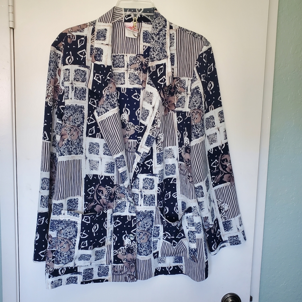 G.W. Graff  Navy Beige White Abstact Patterned Women's 2 Button Blazer Size 12